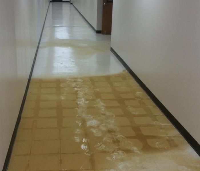 Long hallway with wood floors covered in water from a failed water line