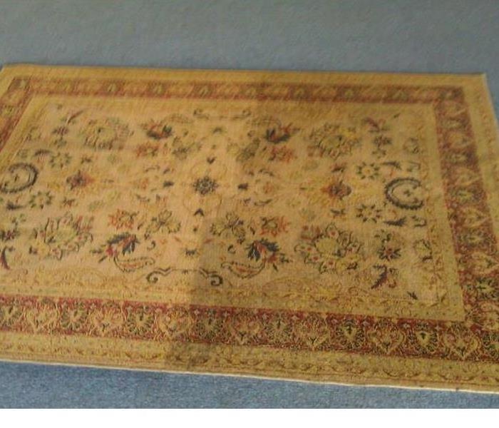 Tan with red design area rug that is clean on the left half, and unclean on the right side