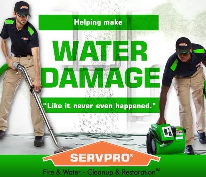 SERVPRO logo with two technicians Saying is "Water Damage" in the middle
