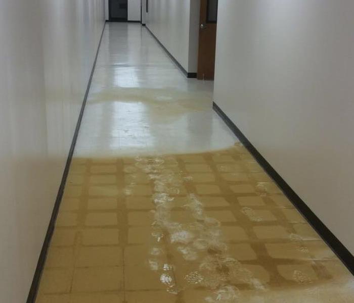 Long hardwood floor hall covered in water from a ruptured pipe